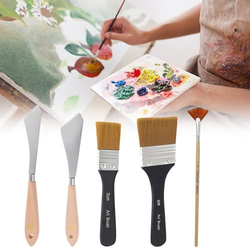 5-teiliges Malmesser Set Inklusive Messer und Pinsel Ölfarben Pinsel Set Flachpinsel und Fächerpinsel mit Holzgriffen Spachtel für Acrylmalerei für Leinwand Acryl und Ölmalereizubehör