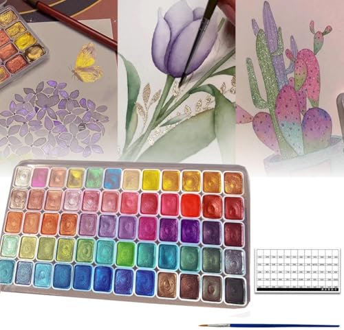 Shifting Watercolor Painting Set, Shimmer Metallic Gouache Paint Set, 20/24/60 Vivid Colors Water Colors Kit, Glitter Water Colour Solid Paint Box for Beginners, Portable Colourful Paints Set(E)