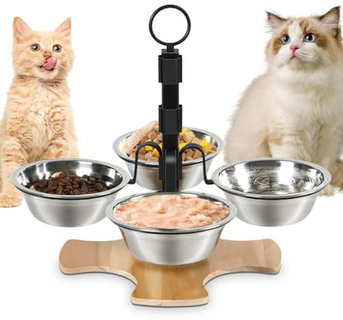 Optyuwah gamelle Chat, Lot de 4 gamelle Chat surélevée - Hauteur réglable - avec Support 5 gamelles en Acier Inoxydable pour Nourriture d'eau Chats Petits Chiens