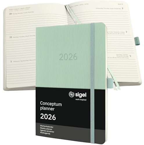SIGEL C2638 Wochenplaner Wochenkalender 2026, ca. A5, grün, Softcover, 192 Seiten, Gummiband, Stiftschlaufe, Archivtasche, aus nachhaltigem Papier, Kalenderbuch Conceptum