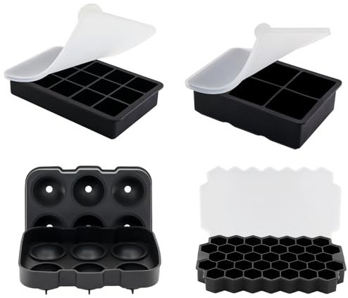 TOKSEO Silikon Eiswürfelform 4er Set, Kugelförmig, Quadratisch, Wabenförmig Silikon Eiswürfelschale mit Deckel, Eiswürfel Form für Cocktails Whisky Wein Obst Fruchtpürees Eiscreme Eistee