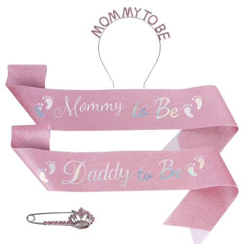 4 Stück Baby Shower Party Schärpe,Mommy to Be Schärpe Daddy to Be Schärpe Babydusche Schärpen,Mum to Be Krone Haarschmuck für Schwangere Werdende Mutter Geschenk Baby Willkommensparty Dekoration,Rosa