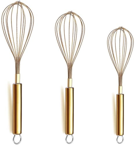 Whisk, Pack of 3 Whisks for Cooking, Gold Metal Whisk for Cooking, Baking, Blending, Beating, Dishwasher Safe, Easy to Clean(8.6/22CM, 10/26.5CM, 12/30.5CM)