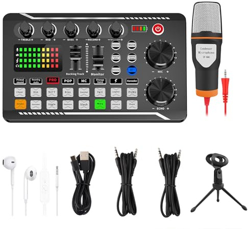 Live Sound Card with DJ Mixer Effects & Voice Changer, Voice Changer Sound Board for Xbox, Live Sound Card Audio Mixer for Streaming, Podcasting, Gaming (F998 Sound Card + Microphone Kit)