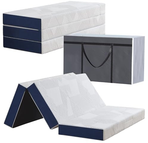 Hiimgo Faltmatratze 140 x 200 x 10 cm, 4-teilig Klappbar - Faltbare Klappmatratze mit abnehmbarem Bezug, Gästematratze für Reisen Camping Gästebett (Weiß & Blau)