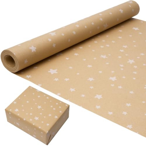 Rouleau de papier cadeau d'anniversaire 43 cm x 15 m, kraft recyclable, imprimé étoile, pour décoration de cadeaux d'anniversaire, de mariage ou de fête.