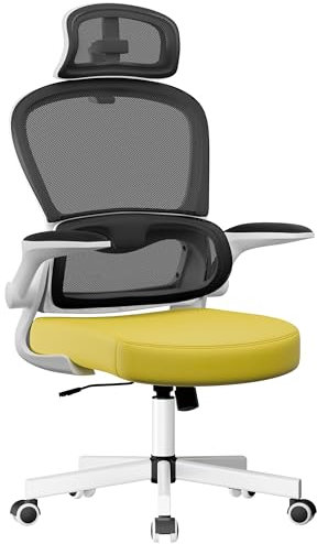 Blisswood Ergonomic Mesh Chair with Adjustable Headrest, Flip-Up Armrests, Lumbar Support, 90°-130° Recline Computer Office Desk Chair, Tilt Function, for Gaming & Home Office (Yellow & Black)