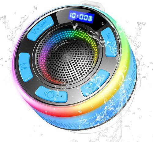 PRSCFUM Bluetooth Shower Speaker, Portable Wireless Speaker IP7 Waterproof 360° Surround Sound, Bulit-in Mic, LED Light, Bathroom with Suction Cup for Bathroom, Party, Outdoor, Travel (New)