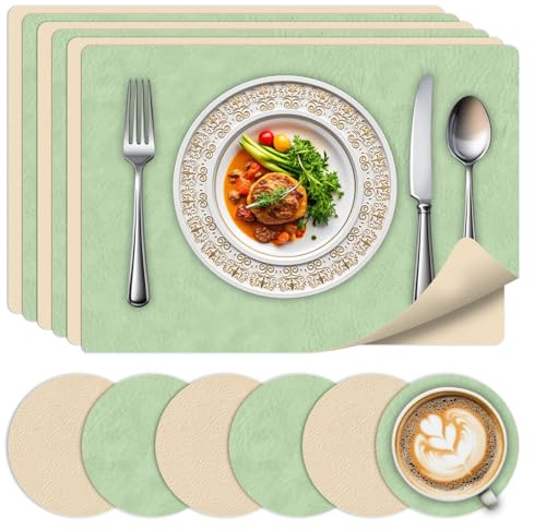 Tischsets 6er Set und Untersetzern–Hitzebeständige Platzsets Abwaschbar, beidseitiges Leder Design rutschfest Platzdeckchen für Küche, Haus, Restaurant,Green+beige