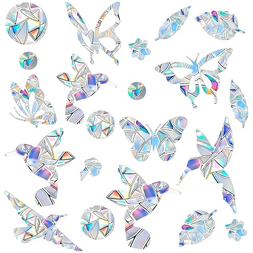 58 Piezas de Vinilos para Cristales 3D Efecto Arcoiris, Pegatinas de Prismas para Ventana, Protección para Aves con Pegatinas Anti-colisión,Pegatinas PVC Estáticas para Ventana-Pájaro Círculo Mariposa