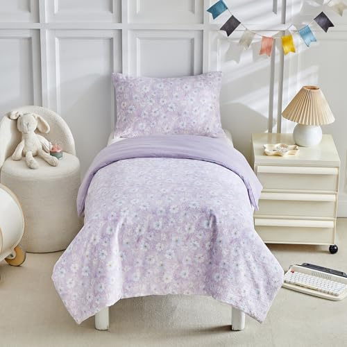 JHXHMX Purple Floral Duvet Cover Set for Toddler Girls, Soft Cot Bed Bedding Set with Pillowcase, Kids Duvet Cover and Pillowcase Set,120x150 cm