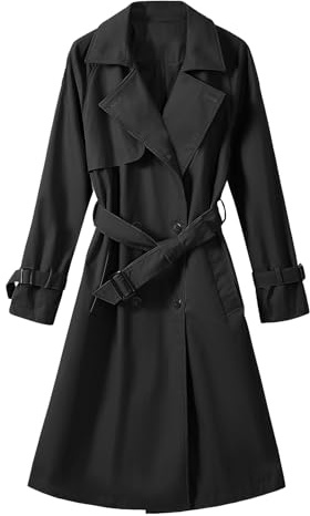Tuopuda Damen Trenchcoat Lange Zweireiher Übergangsjacke Baumwolle mit Gürtel Jacke Übergang Mantel Klassische Damenmantel Herbst Frühling Winter, Schwarz, S