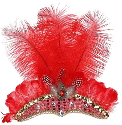 Xoeryoy Showgirl-Kopfbedeckung, Federn, funkelnde Strasssteine, Mardi Gras-Stirnband, Karnevals-Kopfbedeckung für Frauen, Kostümparty, Rot