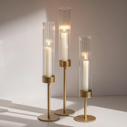 Hurricane Candle Holder,3 Pcs Gold Candle Holders with Ribbed Glass Sleeve for Tapered Candles,Windproof Tall Candlestick Holders for Christmas Dining Mantel Fireplace Decoration