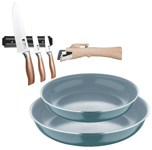 Bergner Click&Cook Set mit 2 Pfannen, Ø 24 x 28 cm, recyceltes gepresstes Aluminium, grün, mit abnehmbarem Griff + 3-teiliges Messerset mit magnetischem Halter