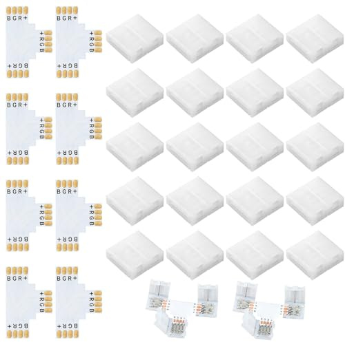 28 Packs Connecteurs Ruban LED RGB 4 Broches 10mm pour Bandes RGB SMD 5050, Connecteur LED 4 Pin 10mm avec 20 Clips Ruban Lumineux et 8 Raccords en T, Pour Connexion L de Bande, Sans Soudure
