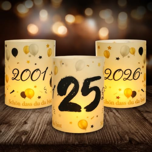 Seutgjie 12 Windlicht Tischdeko 25 Geburtstag Jubiläum Silberhochzeit Deko | Deko 25. Geburtstag Mann Frau 2001-2026 Schwarz Gold für Teelichter oder Kerzen