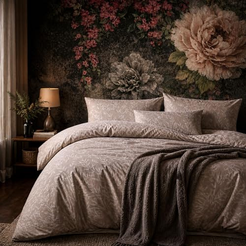 ZIRVEHOME Bettwäsche 200x220 cm 3-teilig Beige Bettbezug 200x220cm Natur Blätter Muster in Beige Creme Baumwoll Bettwäsche Set 200 x 220 cm Bamboo Beige