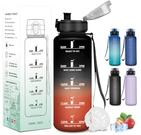 Mujigaga Trinkflasche 1 5 liter, Wasserflasche mit Filter, Trinkflasche Sport Auslaufsichere, Sichere Verriegelung, Mit Zeitmarkierung und Schnürung, Flasche für Fitness, Camping, Yoga