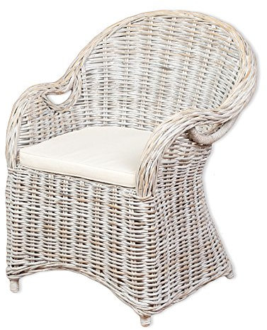 LEBENSwohnART Rattan-Sessel Charlotte White-Washed mit Sitzkissen Stuhl Armlehnstuhl Rattan