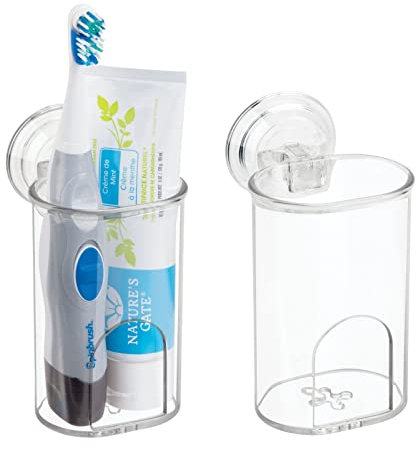 mDesign Kompakte Kunststoff-Saugnapf-Aufbewahrungszentrum für Badezimmer, Organisation von Zahnbürsten, elektrischen Zahnbürsten, Rasierern, 2 Stück – transparent