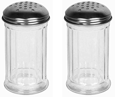 Great Credentials© Set of 2 Multi-Purpose Spice Seasoning Grated Cheese Shaker Retro Dispenser, Glass Jar, Perforated Stainless Steel Lid 12 OZ Each (Perforated Lid)