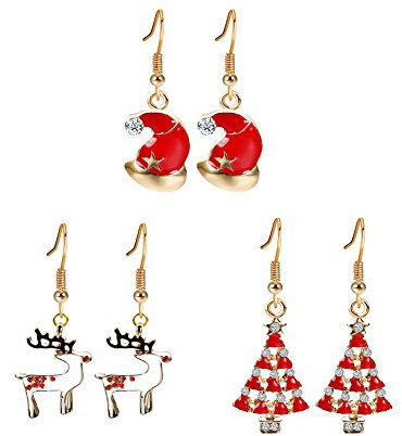 MAKFORT 3 Paar Damen Weihnachts Ohrringe Set Ohrhänger Weihnachtsschmuck Geschenk Weihnachtsmütze Elch Rot Weihnachtsbaum