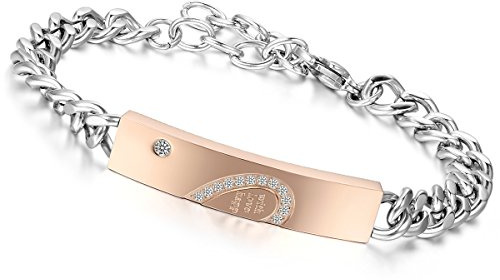 Flongo Partnerarmbänder Armband Edelstahl Armreif Armkette with Wish Love and Happiness Gravur Herz Link Handgelenk Zirkon Zirkonia Silber Rose Gold Schwarz Panzerkette Kette Herren,Damen