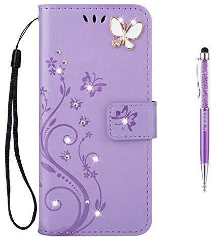 Grandoin iPhone 8 Case,iPhone 7 Case, Floral Bling Sparkly Diamonds Gems Butterfly Pattern Design Premium PU Leather Magnetic Flip Cover with Card Slots Case For Apple iPhone 8/7 (Violet)