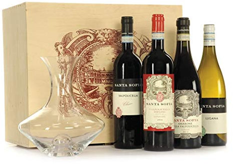 Amarone della Valpolicella Classico DOCG 2013, Vino Amarone Confezione Regalo per Uomo e per Donna in Cassetta Legno, Amarone della Valpolicella Confezione Regalo, Decanter + 4 Bottiglie - Santa Sofia