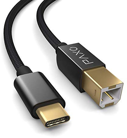 PAXO Cable de impresora USB de nylon de 5 m, negro, enchufe USB C a USB B, cable de carga, cable de datos, enchufe dorado
