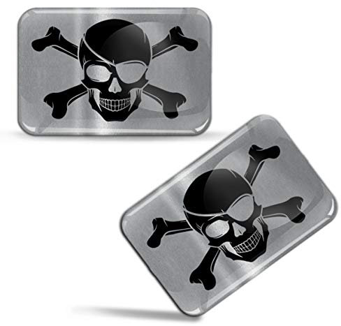 Biomar Labs 2 x 3D Silicone Adesivi Resinati Bandiera Pirata Teschio e Ossa Emblema Argento Nero per Auto Moto Finestrìno Scooter Bici Motociclo Tuning F 131Z*