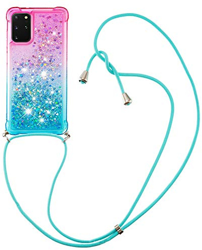 Handykette Handyhülle kompatibel mit Samsung Galaxy A12 Hülle Gradient Glitzer Flüssig Hülle mit Band Kette Schutzhülle Weiche Flexible Transparent TPU Stoßfest Case Cover für Galaxy A12(Pulver Blau)