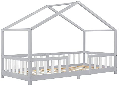 [en.casa] Letto per Cameretta a Forma di Casetta con Barriera di Protezione Letto Singolo per Bambini Struttura in Legno di Pino 90 x 200 cm Grigio Chiaro/Bianco