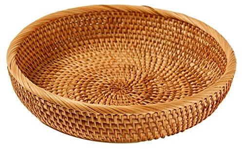 I-lan 25.4 cm Rattan-Schüsselkorb, Boho-Stil, rund, gewebt, mit gerolltem Rand und 5 cm erhöhter Seite, runde Serviertabletts, Vitrinenverschluss, alle Geschirrkörbe für Lebensmittel, Obst, Braun, L