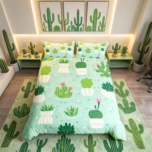 Cartoon-Kaktus-Bettwäsche-Set für Mädchen, Kind, botanische Sukkulenten-Bettwäsche und Leinen, grüne Pflanzen, Bettbezug, gepunktet, Tagesdecke, geometrisch, King Size 3-teilig