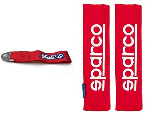 Sparco 01637RS Racing Cinghia di Traino-Rossa-Mass. 3000kg-16mm Foro-Approvazione FIA, Red & SPC1204RD Protezioni per Cintura di Sicurezza, Rosso, Set di 2