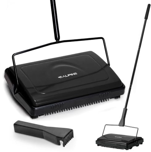Alpine Manual Carpet Sweeper Triple Brush – Cordless Non Electric Multi-Surface Floor Brush Hardwood Floor Cleaner Easy Sweeping for Carpeted Floors (Improved Black)