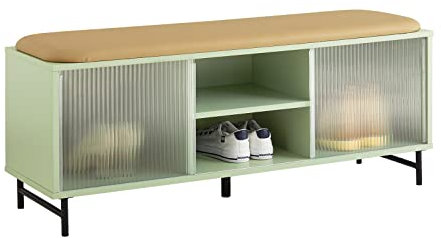 SoBuy FSR115-GR Banco Zapatero con Puertas Correderas Armario Multifuncional para Entrada con Estantes 110 x 35 x 46 cm Verde ES