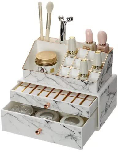 Luxury marble rose gold cosmetic home desktop vanity drawer plastic makeup organizer set