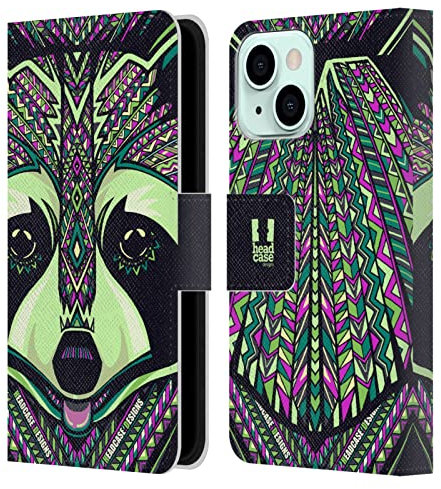 Head Case Designs Mapache Caras Animales Aztecas 2 Carcasa de Cuero Tipo Libro Compatible con Apple iPhone 13 Mini