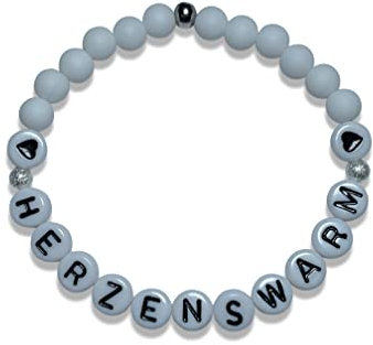 Majas Perlen Armband Herzenswarm Hellgrau Acryl 6mm - echte Edelsteine Rosenquarz Labradorit Amazonit uvm. - Geschenk Mädchenarmband Namensarmband Motivation - Handmade Personalisierbar