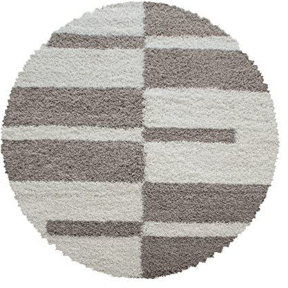 Carpetsale24 Wohnzimmer Teppich - Moderne Kariert Design Shaggy Flokati 200 cm Rund Beige-Creme - Hochflor Schlafzimmer Extra Weich Pflegeleicht - Langflor Flauschiger Runder