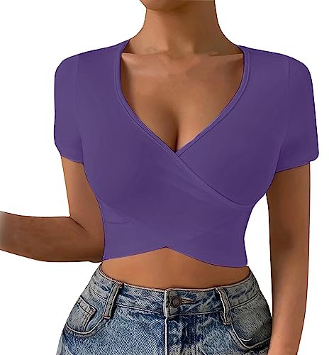KBOPLEMQ Crop Tops Mujer Sexy Tank Top Verano sin Mangas Top Y2K Tank Top Cuello Redondo Corset Corset Tops con Brillo Tank Top Manga Corta Top Cuello Profundo Jersey Slim Y2k Top Top, C Lila, L