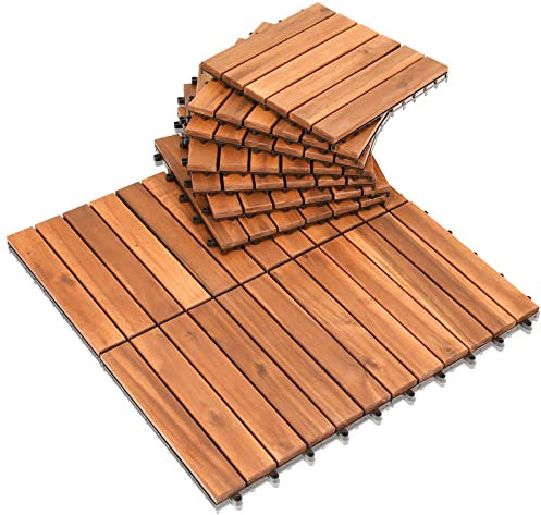 Ansobea Piastrelle in legno, in legno di acacia, 30 x 30 cm, 44 pezzi, 4 ㎡, per balcone, piastrelle a clic, per giardino, patio, facile da installare (6 listelli)