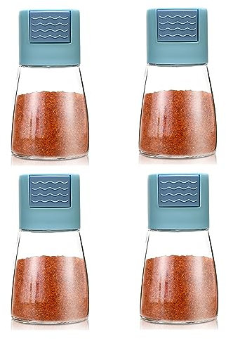 4 Stücke Konische Gewürzflasche für die Küche, 180ml Konische Dewürzstreuer, Streuer aus Glas und Edelstahl, Salzstreuer mid Deckel, Gewürzstreuer, Gewürzgläser (Blau)