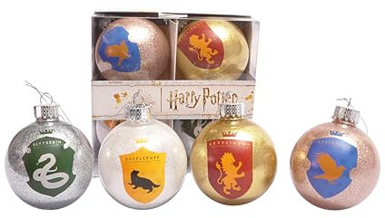 Ciao- Set 4 sfere decoupage ornamentali Harry Potter Casate Hogwarts Glitter (Ø8cm) originali Wizarding World con nastro in tessuto per albero di Natale in giftbox