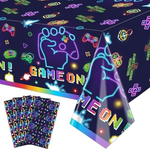 Hegbolke Videospiel-Party-Tischdecken-Set, 4 Stück, Neon-Spiel auf Tischdecke, rechteckige Tischdekoration, Geburtstagsparty-Dekorationen für Kinder, Jungen und Mädchen, 218,4 x 129,5 cm, Spiel
