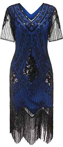 Gionforsy Damen 1920s Kleid mit Pailletten Kurzem Ärmel 20er Jahre Flapper Kostüm Kleid für Great Gatsby Motto Party Halloween Karneval Fasching (Blau Schwarz, M)