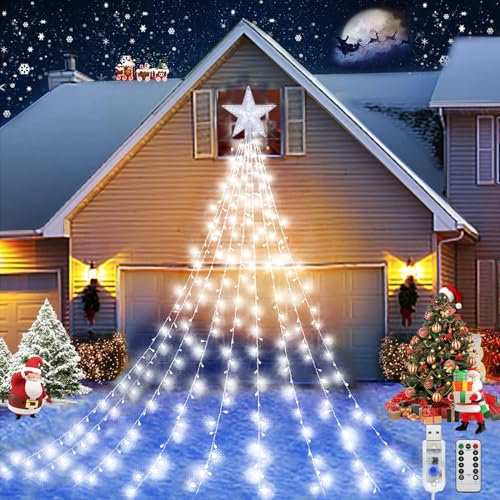 JIMACRO Luces de Navidad Decorativas, 9Pcs 2M Cascada Luces de la Cadena, 198 LEDs 8 Modos Impermeable USB LED LucesArbol Navidad con Estrella para, Arbol DeNavidad, Bodas, Jardín